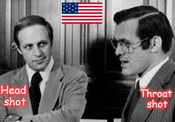 Rummy and Cheney Head shot Throat shot American Flag ~