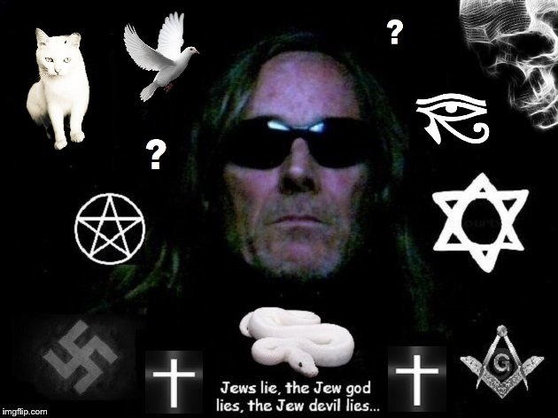 Jews lie ~ Snake dove cat ~ Eye Skull Masonic square and Compass Star of David Pentagram