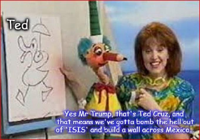 Trump Cruz and Mr Squiggle