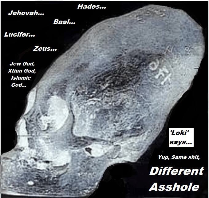 Conehead Three black and white Loki says God = asshole