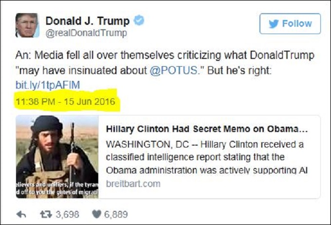 Trump Tweet Hillary ISIS 15 June